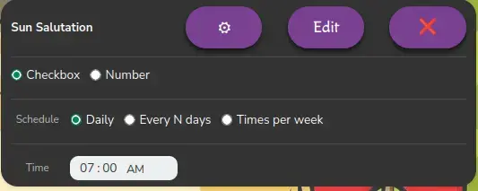 Edit Habits view in the Notion Habit Heroes widget with schedule options and a time field for a habit