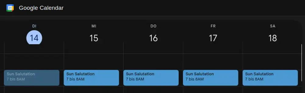 Google Calendar week view with a morning habit block synced from Notion on every day