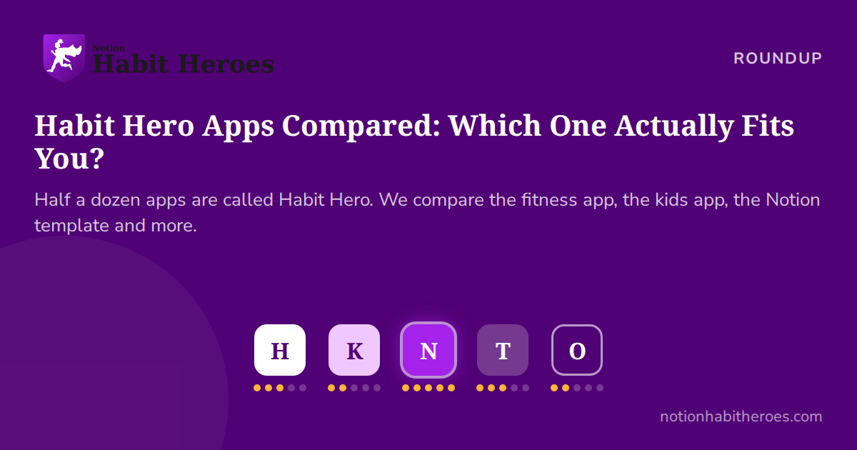 Notion Habit Heroes blog card: Habit Hero Apps Compared: Which One Actually Fits You?, above a row of five app tiles each with a star rating.