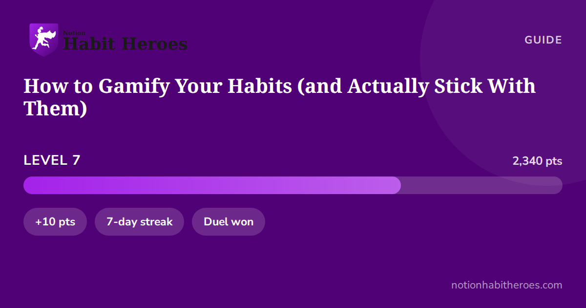 Notion Habit Heroes blog card: How to Gamify Your Habits (and Actually Stick With Them), above a level 7 progress bar and three reward chips.