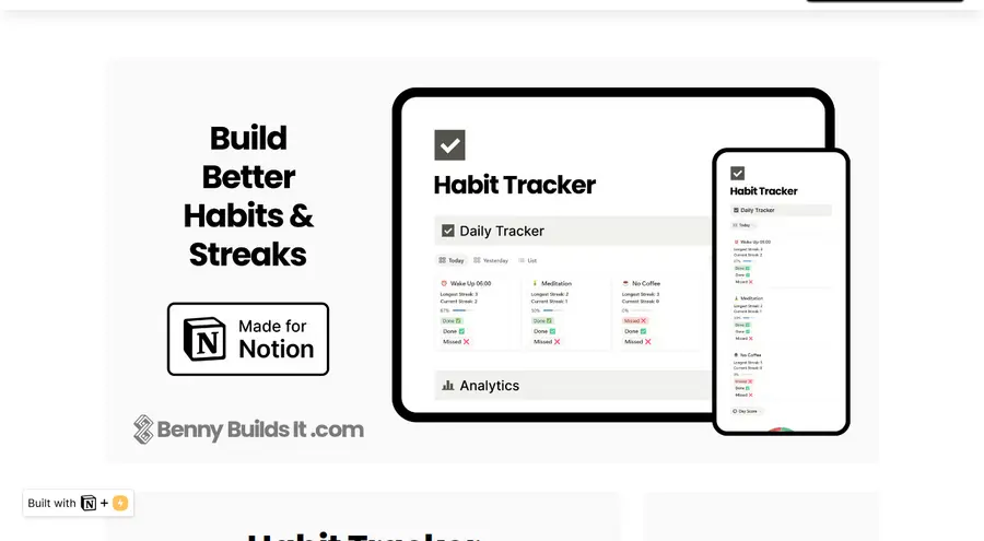 Benny Builds It's Ultimate Notion Habit Tracker landing page, showing the desktop and mobile habit tracker with current and longest streak counters