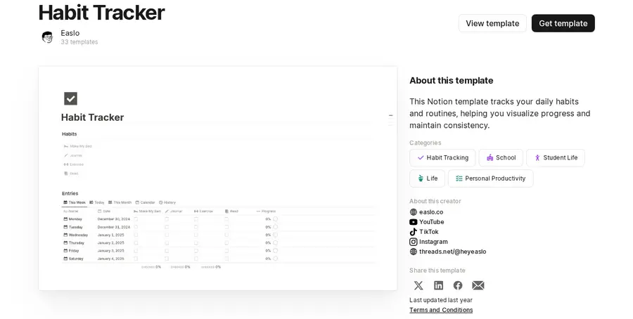 Easlo's Habit Tracker Notion Marketplace listing, showing the daily habit checklist and weekly completion table