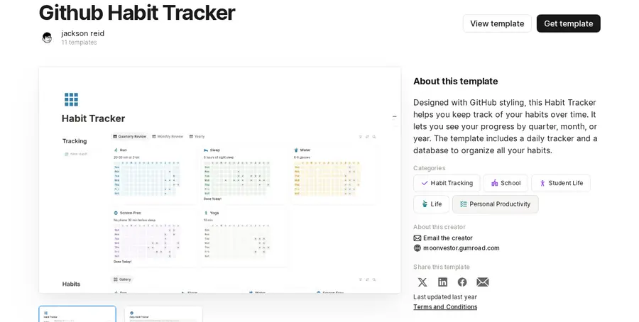 jackson reid's Github Habit Tracker Notion Marketplace listing, showing the GitHub-style contribution heatmap for five habits