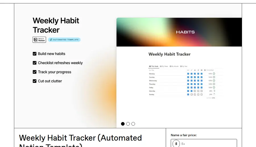 Mr Bio's Weekly Habit Tracker (Automated) Gumroad listing, showing the weekly checklist with a completion percentage per day