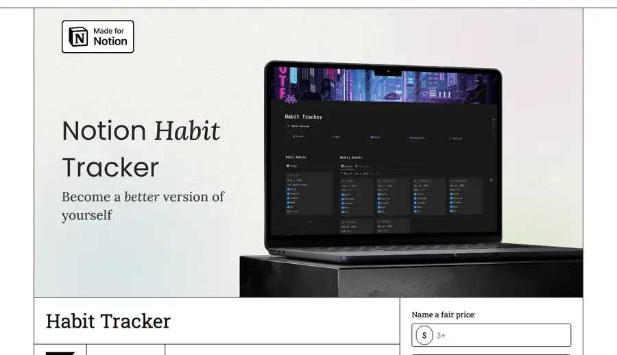 Safa Notion's Habit Tracker Gumroad listing, showing the dark-mode daily and weekly habit dashboard on a laptop mockup