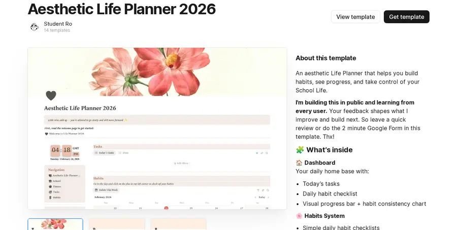 Student Ro's Aesthetic Life Planner 2026 Notion Marketplace listing, showing the dashboard with today's tasks and the habit checklist