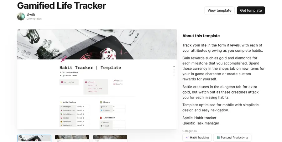 Swift's Gamified Life Tracker Notion Marketplace listing, showing the RPG-style attributes, gold and diamonds, and dungeon tab