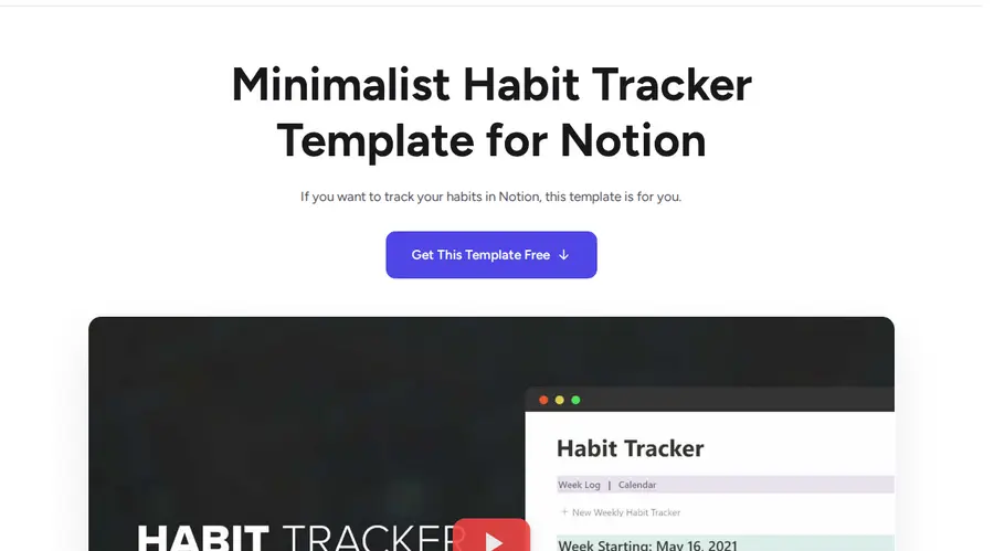 Thomas Frank's Minimalist Habit Tracker Notion template landing page, showing the weekly habit worksheet preview and video walkthrough