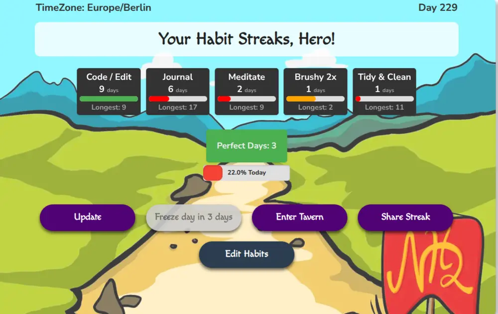 NH2 streak widget: habit badges showing current streaks as progress bars racing each habit's longest streak, on a hand-drawn landscape background