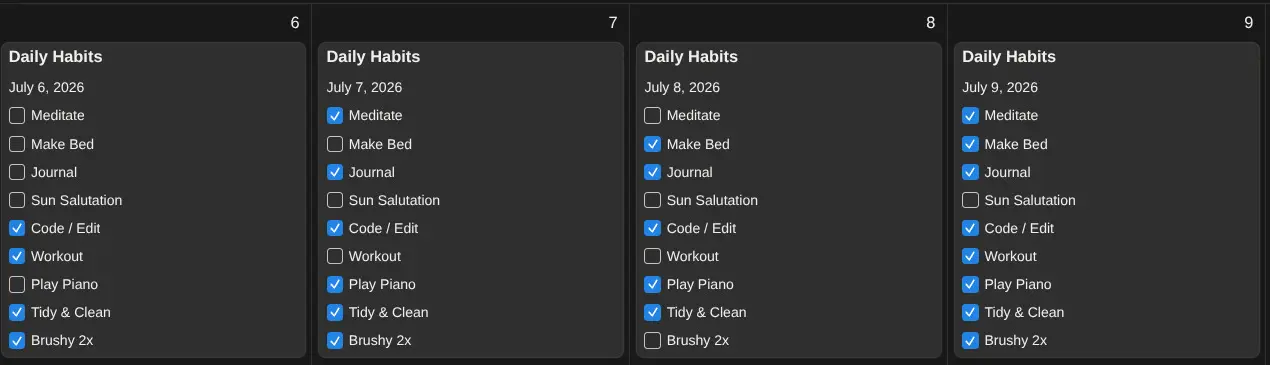 Four day cards from a connected template copy, each with personalized habit checkboxes like Meditate, Journal and Workout, most of them ticked